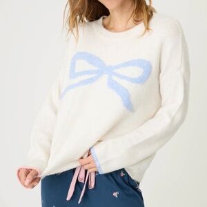 PJ SALVAGE english rose bow snuggle sweater in ivory baby blue NEW Large cozy